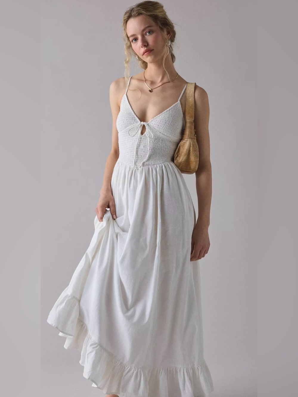 Kimchi blue White Smocked Maxi Dress with Tie Front